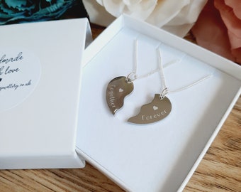 Mother's day gift - 2 x Split Heart Necklaces - ENGRAVED - Wedding / Anniversary / Valentines / Love Gift / Together Forever