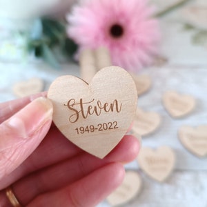 Funeral Favours / In Memory / Heart Funeral Tokens / Personalised Bereavement Keepsake / Wooden Hearts / Memorial Gift image 2