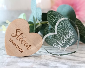 Funeral Favours / In Memory / Heart Funeral Tokens / Personalised Bereavement Keepsake / Wooden Hearts / Memorial Gift