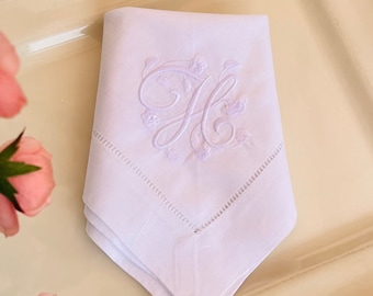 Monogrammed Linen Dinner Napkins: Victorian Embroidered Hemstitch, Set of 2