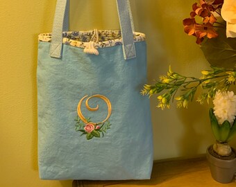 Monogrammed Blue Canvas Tote Bag, Floral Lining