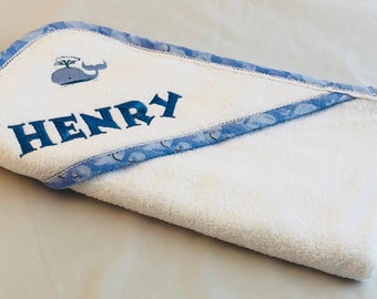 Personalized whale baby bath towel,  hooded baby towel, blue baby bath towel, baby shower, baby gifts, monogram baby towel, baby boy towel