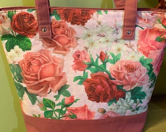 Vintage Roses Canvas Tote Bag: Zipper Closure, Large Floral Design