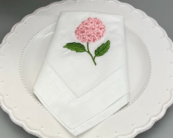 Embroidered Linen Dinner Napkins: Pink Hydrangea, Hemstitched (Set of 2)
