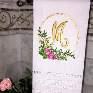 Heirloom Roses Monogram Guest Towel, Guest towel, linen guest towel, wedding gifts, mothers day gifts, housewarming gifts, gifts for her,