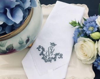 Monogrammed Linen Dinner Napkins Set of 2 | Embroidered Baroque Design |  Home Decor