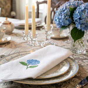 Embroidered Linen Napkins - Blue Hydrangea Design Set of 2 - Table Linens image 6