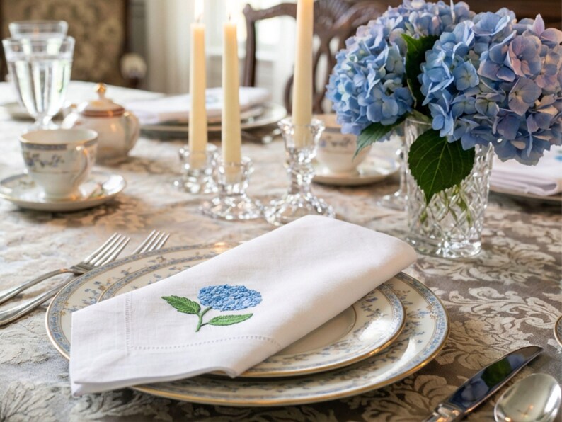 Embroidered Linen Napkins - Blue Hydrangea Design - Thumbnail 4