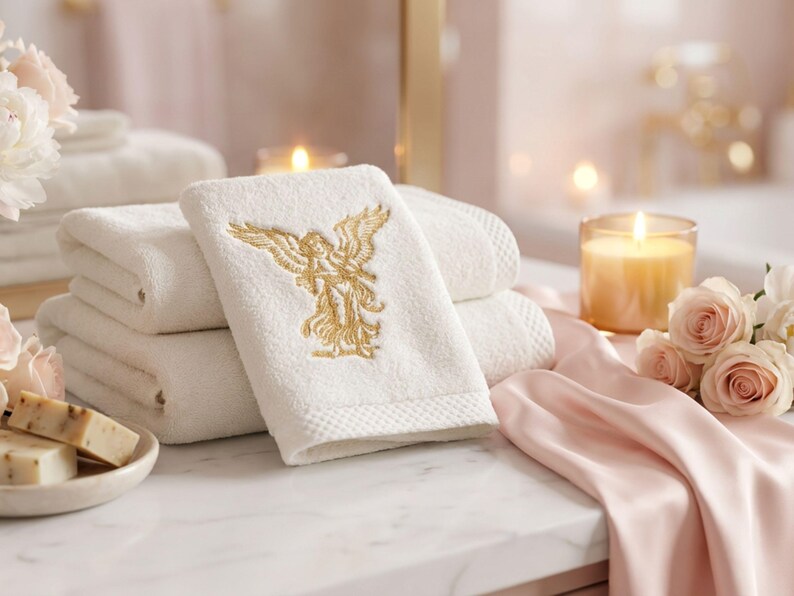 Zestaw ręczników z haftowanym aniołem | Białe ręczniki kąpielowe i do rąk z bawełny 600 g/m² | Wystrój łazienki zdjęcie 5