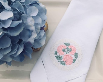 Embroidered Peonies Linen Napkins - Set of 2 - Wedding Table Linens
