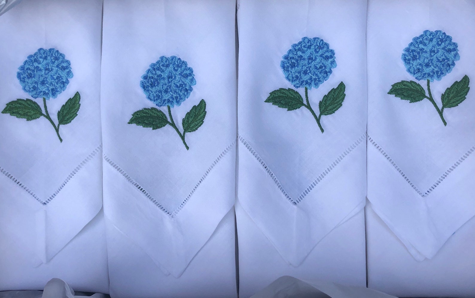 Linen Napkins, Embroidered Napkins, Hydrangea Napkins, Blue Flower Napkins, Custom Napkins