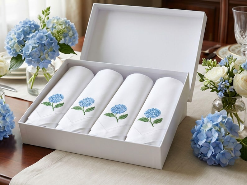Embroidered Linen Napkins - Blue Hydrangea Design - Thumbnail 3