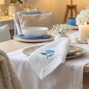 Embroidered Linen Napkins - Blue Hydrangea Design Set of 2 - Table Linens image 4