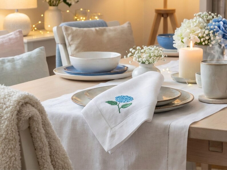 Embroidered Linen Napkins - Blue Hydrangea Design Set of 2 - Table Linens image 4