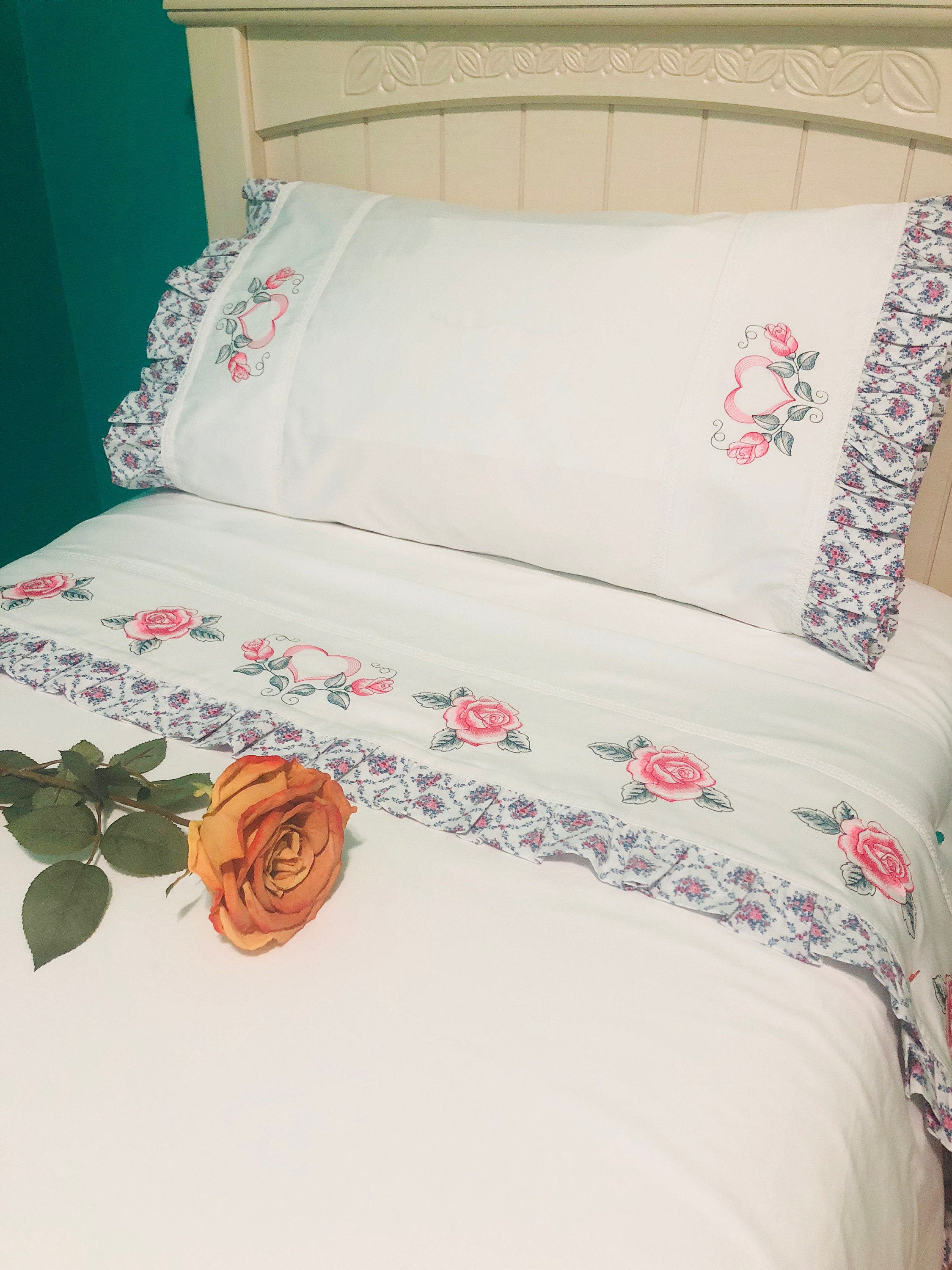 Vintage Roses Bed Sheet Set Embroidered Sheets Vintage - Etsy
