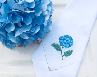 linen napkins, embroidered napkins, hydrangea napkins, blue flower napkins, custom napkins, wedding napkins, white napkins, napkin sets