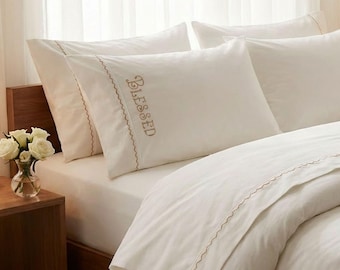 Blessed Embroidery Cotton Bed Sheet Set, 600 Thread Count, Scallop Trim Bedding