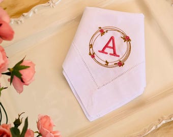 Monogrammed Linen Dinner Napkins Set of 2,  Hemstitched Rose Wreath design, Wedding Tableware