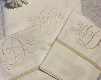 Monogrammed Bed Sheet Set: Egyptian Cotton with Beige Lace