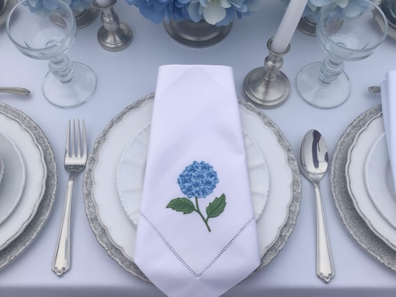 Embroidered Linen Napkins - Blue Hydrangea Design Set of 2 - Table Linens