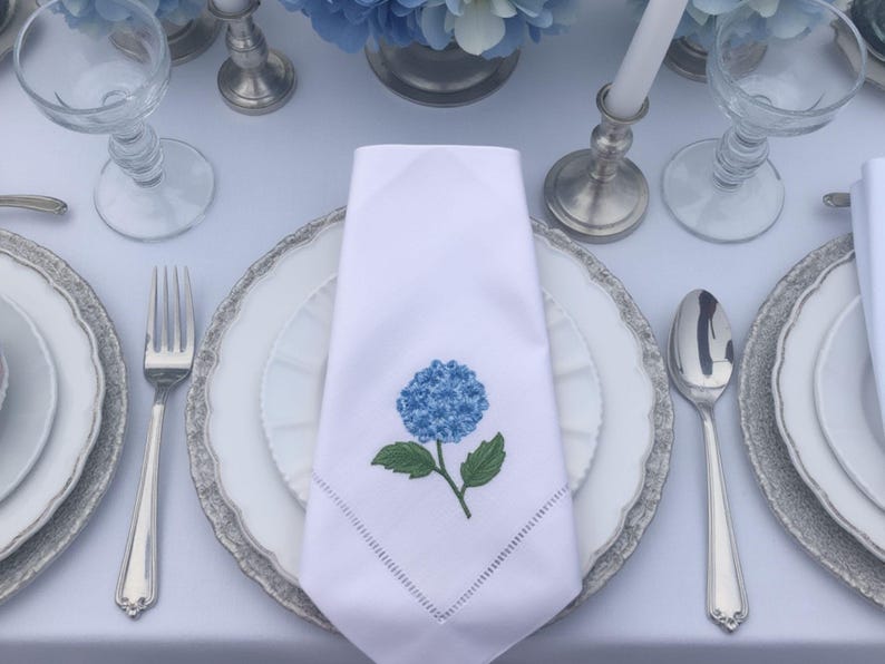 Embroidered Linen Napkins - Blue Hydrangea Design Set of 2 - Table Linens image 1
