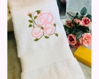 White Hand Towel, 100% Cotton with Floral Monogram Embroidery