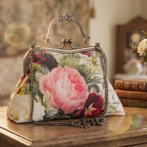 Rosey Canvas Kiss Clasp Bag: Vintage Style Handmade Handbag image 1