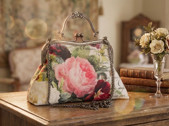 Rosey Canvas Kiss Clasp Bag: Vintage Style Handmade Handbag
