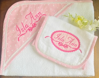 Personalized Baby Hooded bath Towel & Burp Cloth Set \Pink Polka Dot shower ideas