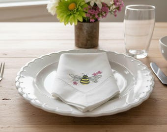 Embroidered Linen Dinner Napkin Bee Design Set of 2 | Hemstitched White | Dinning Table Decor