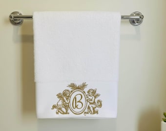 Monogrammed Towel, 100% Cotton with Cherub Embroidery and Personalized Initial