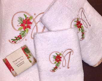 christmas bath towels, monogram towels, christmas towel set, monogram bath towel, monogram hand towel, custom bath towel, custom hand towel