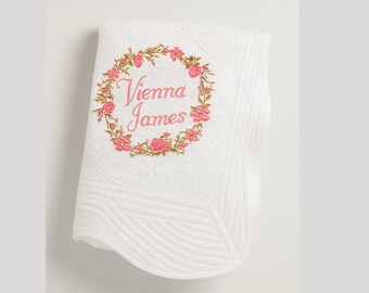 Personalized Baby Quilt, Embroidered Floral Blanket, Heirloom Nursery Decor