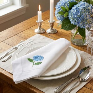 Embroidered Linen Napkins - Blue Hydrangea Design Set of 2 - Table Linens image 5