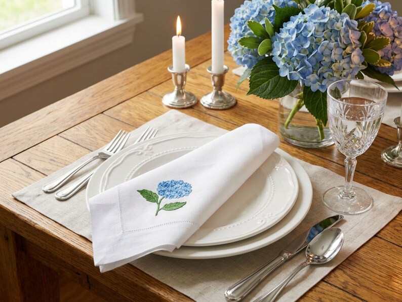 Embroidered Linen Napkins - Blue Hydrangea Design - Thumbnail 2