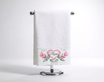 Mom Embroidered Bath Towel Set | Cotton Towels with Heart and Rose Design
