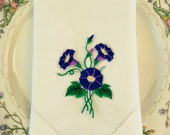 Linen dinner napkins, Embroidered napkins, Morning Glory napkins, Vintage napkins, Custom napkins, Wedding napkins, Floral dinner napkins