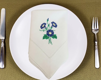 Embroidered Linen Dinner Napkins: Morning Glory Floral, Set of 2
