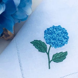 Embroidered Linen Napkins - Blue Hydrangea Design Set of 2 - Table Linens image 7