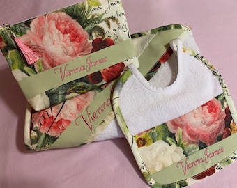 Personalized Rose Baby Gift Set, Cotton Towel, Bib & Pouch