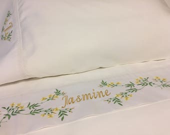 Floral Embroidery Bed Sheet Set / Personalized Bedding / Cotton 600 thread count