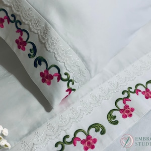 Embroidery Flower Bed Sheet Set, 600 Thread Count Egyptian Cotton, White Sateen / Home Decor