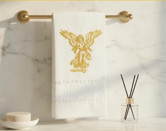 Ręcznik lniany dla gości z haftem anioła, dekoracja świąteczna, ścieg rysunkowy, wystrój łazienki