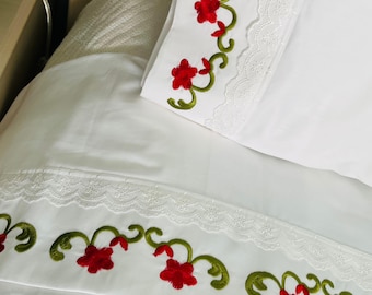 Custom Embroidered Bed Sheet Set / Floral Embroidery /  600 Thread Count Egyptian Cotton
