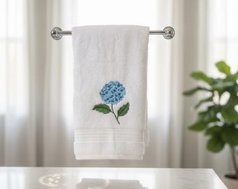 Bath Towel Set, 600 GSM Turkish Cotton with Blue Hydrangea Embroidery