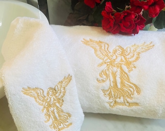 Custom  Embroidered Towels with  Angel Design |  Bathroom Decor Set