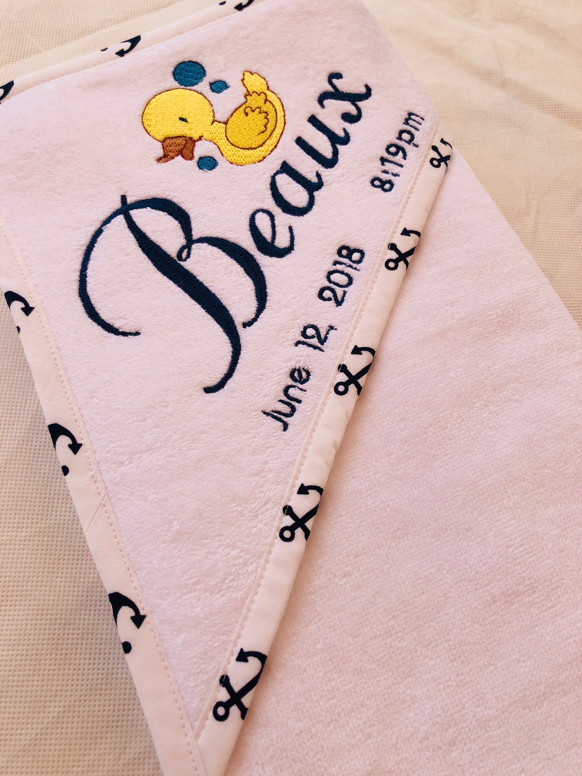 Anchor Trimming Personalized Baby Bath Towel, Baby Bath Towel With a Duck, Embroidered Baby