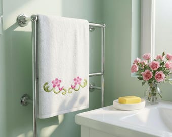 Floral Embroidered Bath Towel Set, 600 GSM Cotton, Botanical Flower Motif, Bathroom Decor