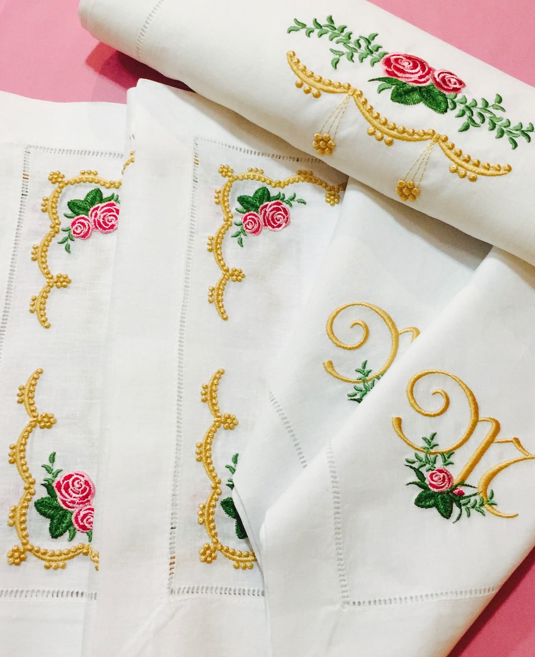 Embroidered Heirloom Roses Linen Table Linens: Personalized Napkins - Etsy