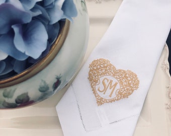 Monogrammed Linen Dinner Napkins: Embroidered Heart Frame, Set of 2, Home Decor